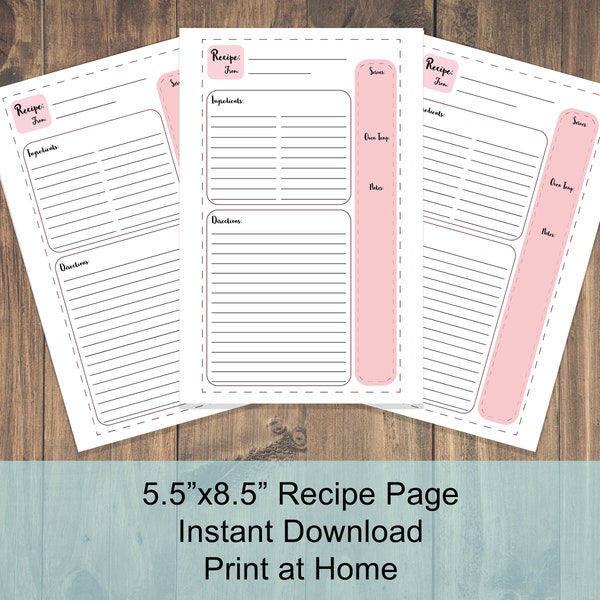 Recipe Printable Pages | 5.5x8.5 inch | Pink | Recipe Binder Insert | Meal Planning | Organization | Kitchen | Print at Home