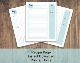 Recipe Printable Pages | Recipe Binder Insert | Meal Planning | Organization | Kitchen | Instant Download | Print at Home Recipe Card