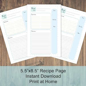 Bright Recipe Printable Pages | 5.5x8.5 inch | Recipe Binder Insert | Meal Planning | Organization | Kitchen | Print at Home Recipe Card
