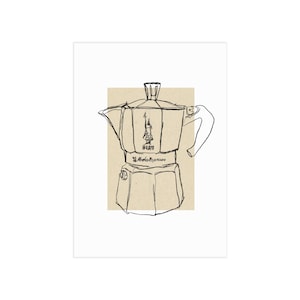 May include: A line art illustration of a Bialetti moka pot centred on a light tan rectangular background. The drawing features the iconic octagonal shape, a handle, a lid, and the Bialetti logo with the text Moka Express clearly visible.