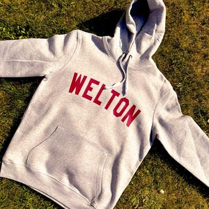 Può includere: Una felpa con cappuccio grigia con un logo "WELTON" rosso stampato sul davanti. La felpa è sdraiata su un letto di erba verde.