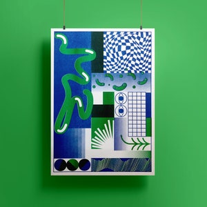 Könnte beinhalten: Abstrakter Kunstdruck mit einem Farbschema in Blau, Grün und Weiß. Der Druck zeigt geometrische Formen, Muster und Linien.