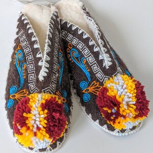 EU 37 UK 4 Open Back Unisex Leather Sole Lambswool Pompom Slippers Dark Red & White - Traditional Greek Gift - Slip On - Embroidered Details