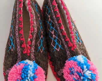 EU 38 UK 5 Luxury Lambswool Minas Pompom Slippers Pink + Blue - Traditional Greek Gift - Cosy & Comfy With Beautiful Embroidery Detailing