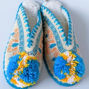EU 36 UK 3 to 3.5 Luxury Unisex Open Back Lambswool Pompom Slippers - Turquoise Blue & Yellow - Slip On - Traditional Embroidered Greek Gift