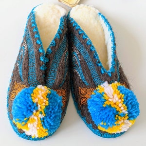 EU 37 UK 4 Luxury Unisex Open Back Leather Sole Lambswool Pompom Slippers Turquoise & Yellow - Traditional Greek Gift - Embroidered Slip On