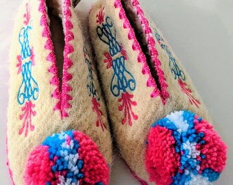 EU 36 UK 3 to 3.5 Luxury Lambswool Minas Pompom Slippers - Pink & Blue - Traditional Greek Gift - Cosy + Comfy - Beautiful Embroidery