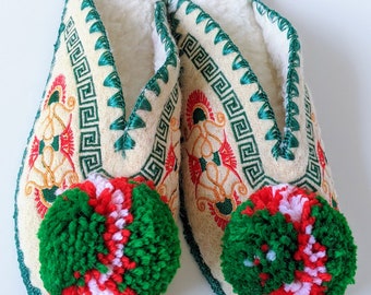 EU 36 UK 3 to 3.5 Luxury Open Back Lambswool Pompom Slippers - Festive Green & Red - Traditional Greek Gift - Slip On - Beautiful Embroidery