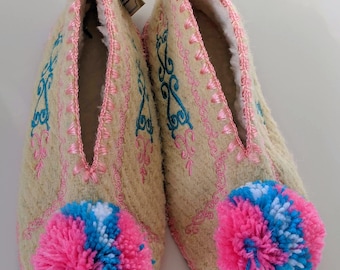 EU 39 UK 5.5 to 6 Luxury Lambswool Pompom Slippers - Pink & Blue - Traditional Greek Gift - Suede Leather Sole - Cosy - Beautiful Embroidery