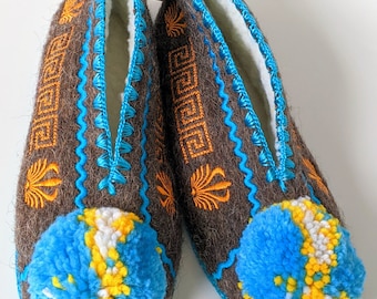 EU 37 UK 4 Luxury Unisex Lambswool Pompom Slippers Turquoise & Yellow - Traditional Greek Gift - Suede Leather Sole - Beautiful Embroidery