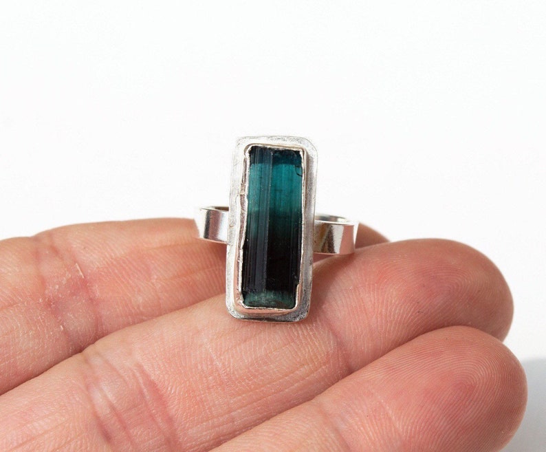 raw gemstone bohemian ring sterling silver rough tourmaline ring green gemstone jewelry | Hand formed green tourmaline gemstone ring
