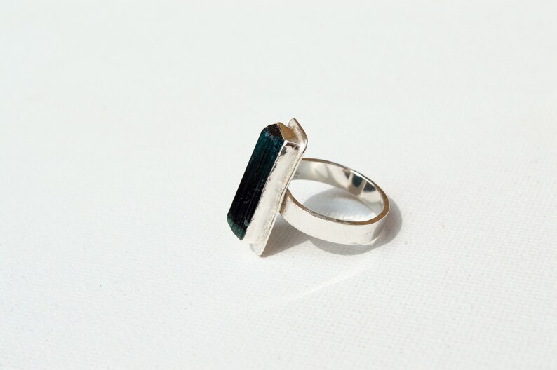 raw gemstone bohemian ring sterling silver rough tourmaline ring green gemstone jewelry | Hand formed green tourmaline gemstone ring