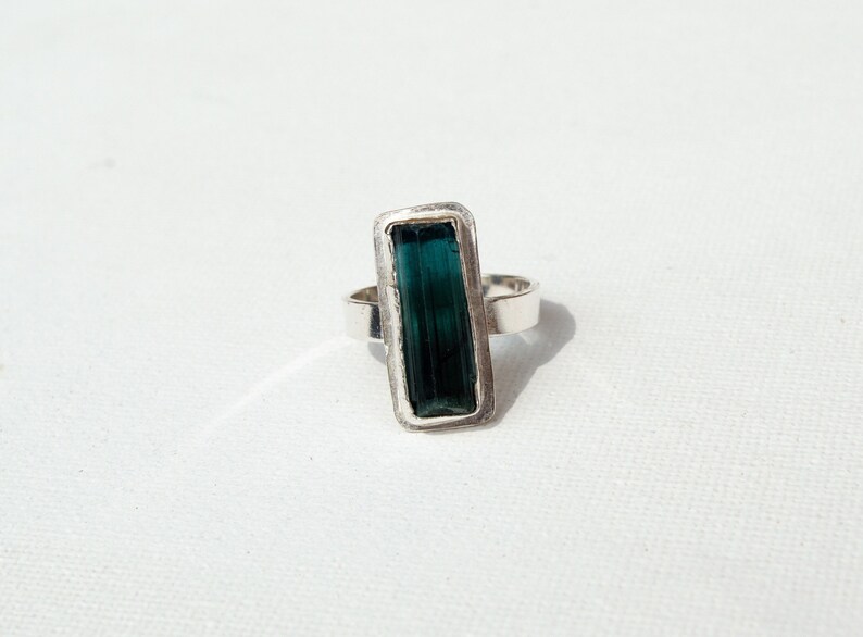 raw gemstone bohemian ring sterling silver rough tourmaline ring green gemstone jewelry | Hand formed green tourmaline gemstone ring