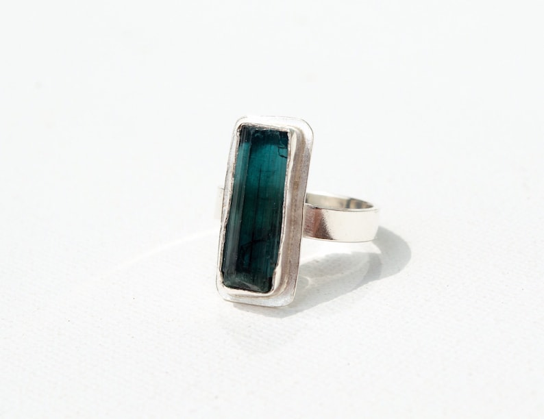 raw gemstone bohemian ring sterling silver rough tourmaline ring green gemstone jewelry | Hand formed green tourmaline gemstone ring