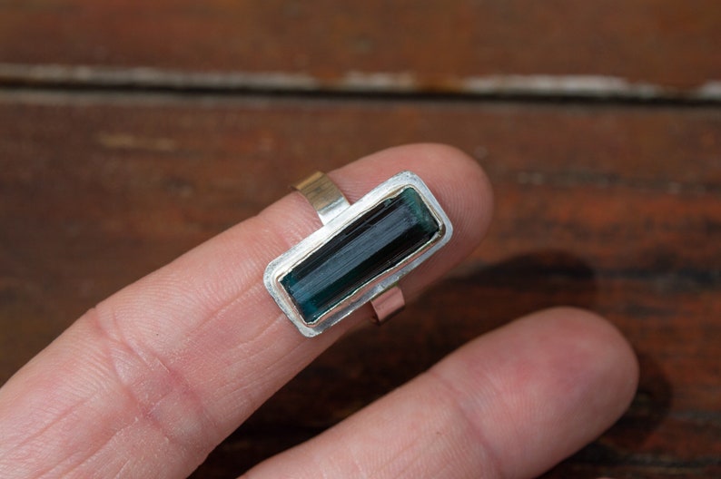 raw gemstone bohemian ring sterling silver rough tourmaline ring green gemstone jewelry | Hand formed green tourmaline gemstone ring