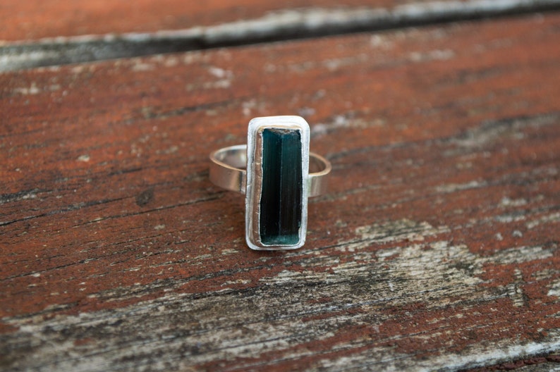 raw gemstone bohemian ring sterling silver rough tourmaline ring green gemstone jewelry | Hand formed green tourmaline gemstone ring