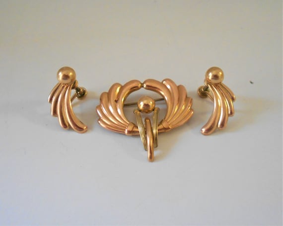 Vintage Van Dell Brooch and Earrings Set 12K Gold… - image 1