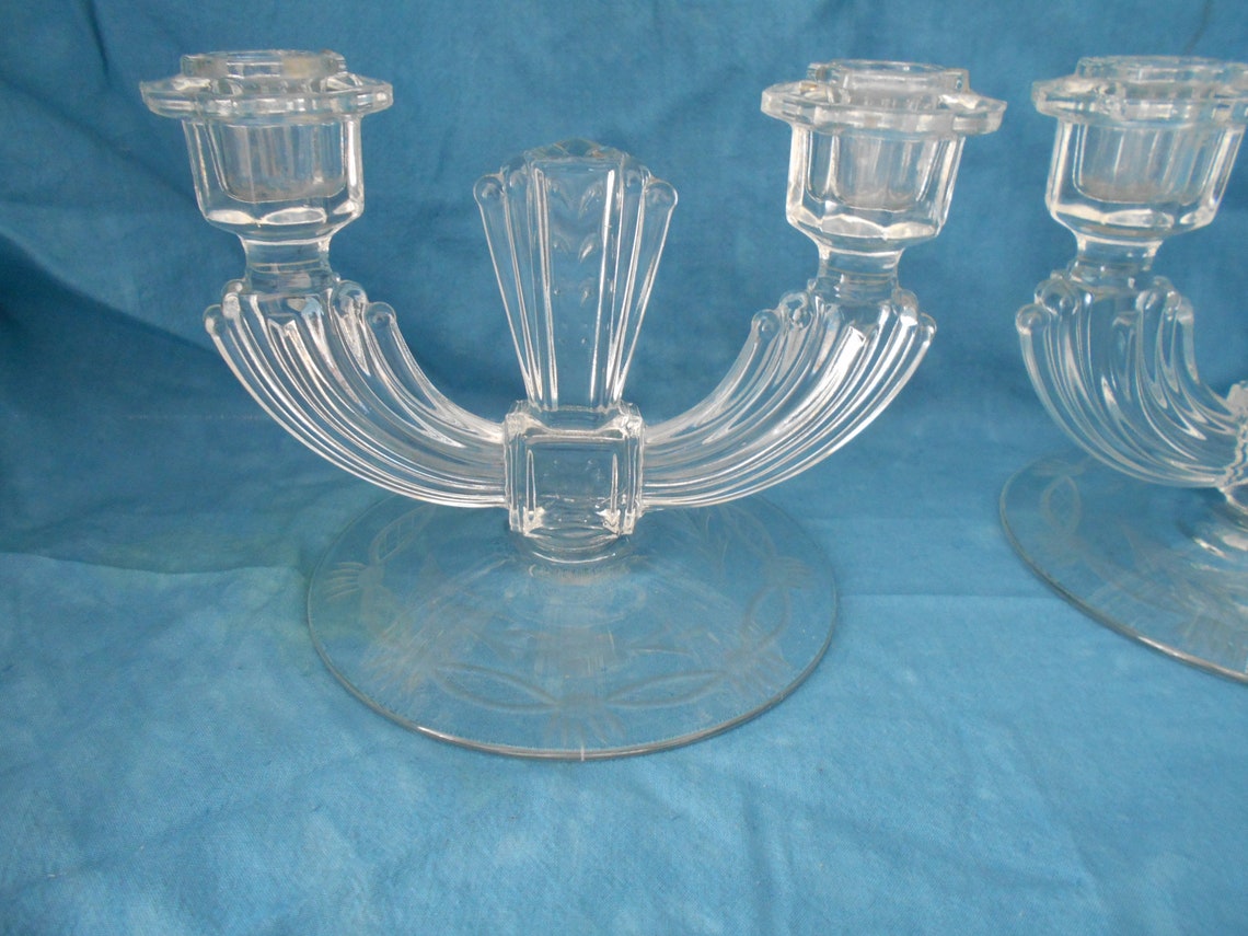 2 Vintage Art Deco Candle Holders Pressed Glass 2 Arm Etched Etsy