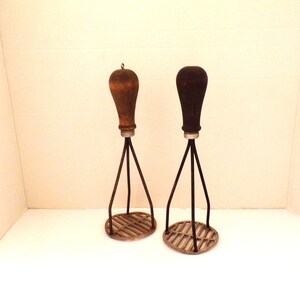 2 Vintage Three Prong Potato Vegetable Fruit Mashers Wood Handles