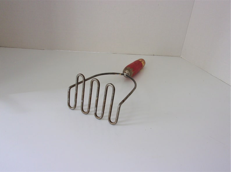 Vintage Androck Potato Masher Made in USA Painted Red and Cream Wood