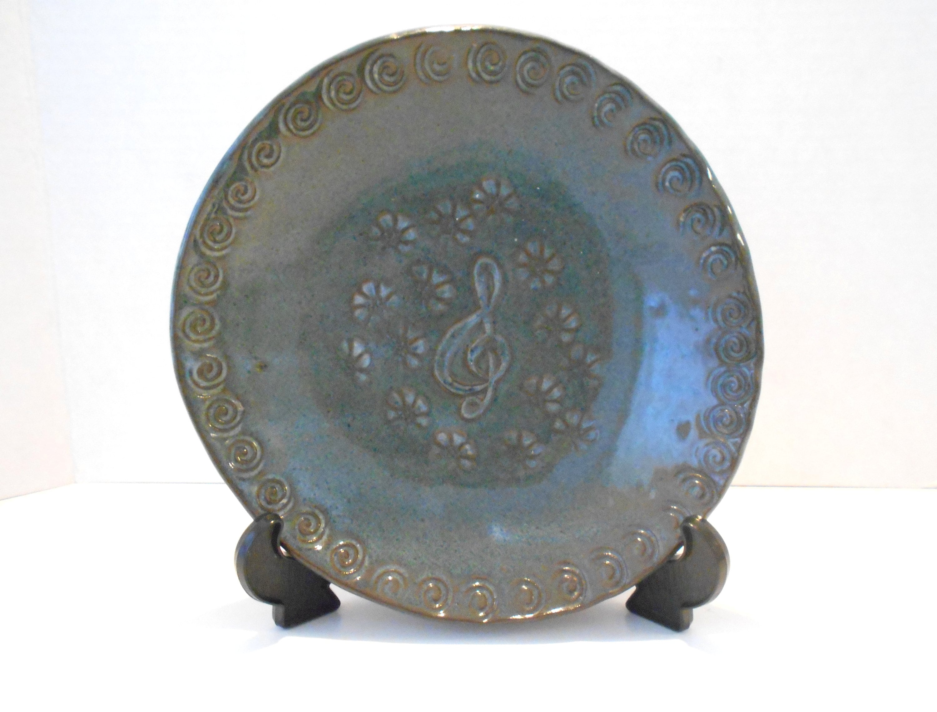 Hand Built Pottery Plate Music Theme Treble Clef Dark Blue Signed