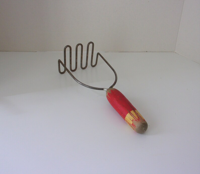 Vintage Androck Potato Masher Made in USA Painted Red and Cream Wood