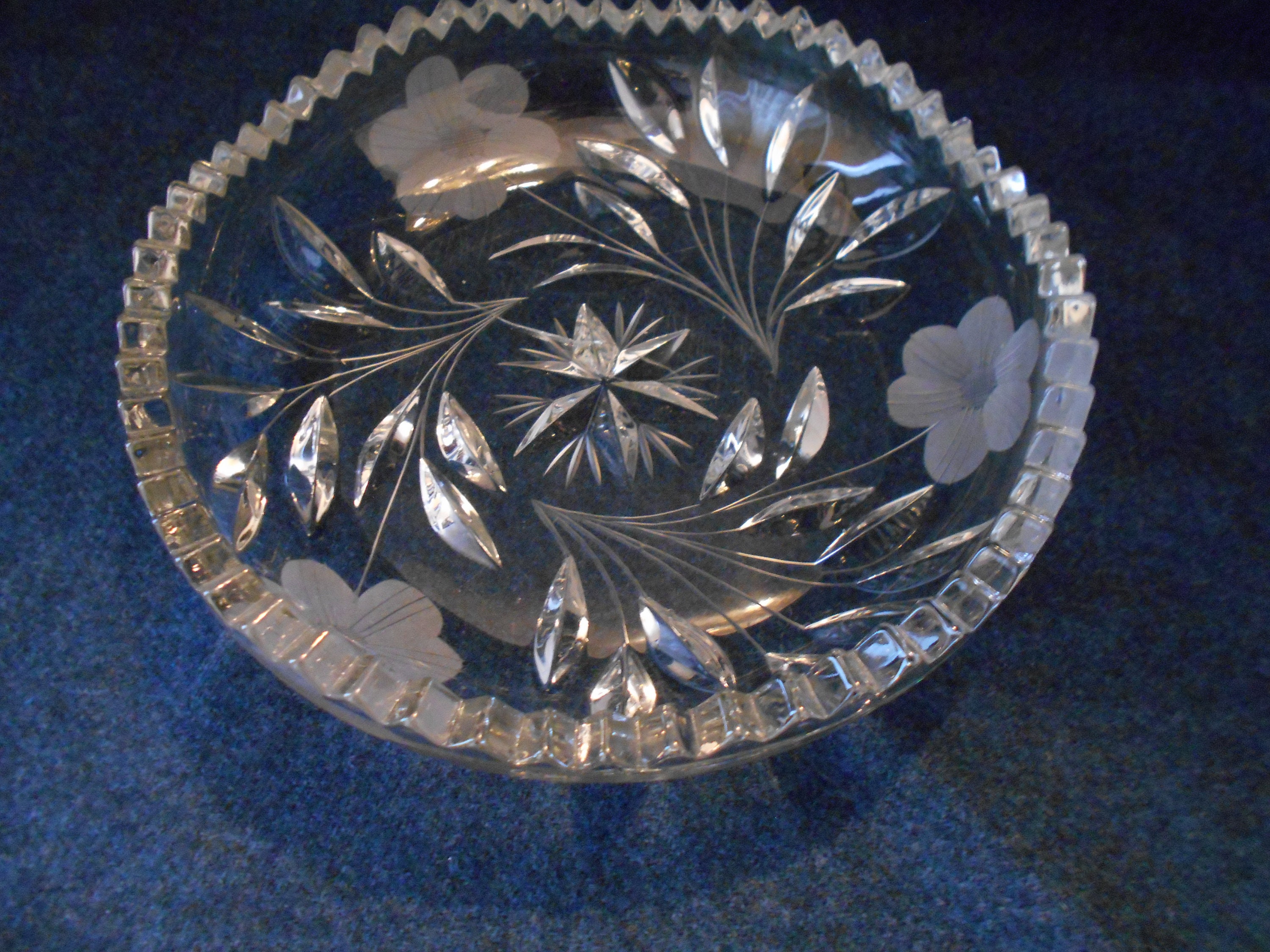 Vintage Cut Glass Bowl Etched Flowers Cut Leaves Center 6 Point Star