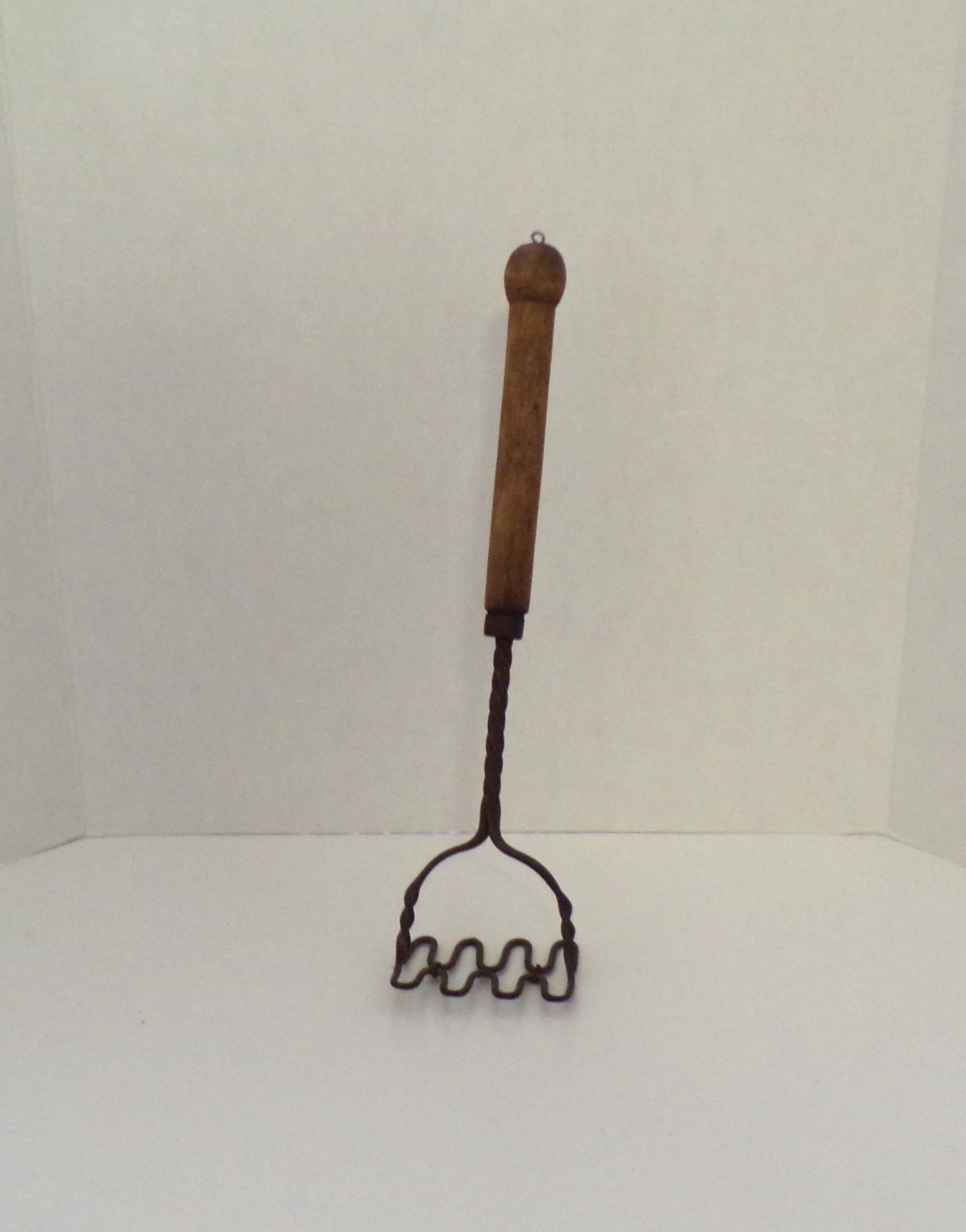 Vintage Potato Masher Double Wavy Base Twisted Steel Long Turned Wood