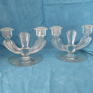 2 Vintage Art Deco Candle Holders Pressed Glass 2 Arm Etched Base