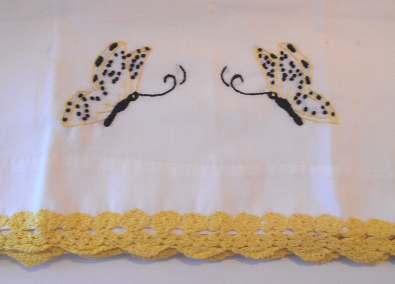 Vintage Pillow Cases Yellow Brown Butterflies Embroidery Crocheted Edge