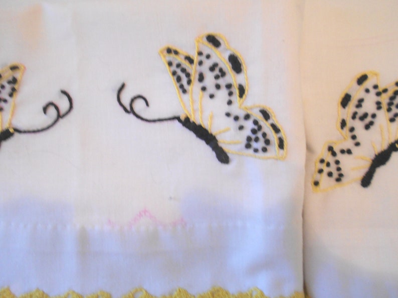 Vintage Pillow Cases Yellow Brown Butterflies Embroidery Crocheted Edge