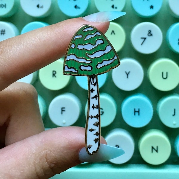 mushroom enamel pin: B-GRADE seconds magpie inkcap green mushroom hard enamel lapel pin