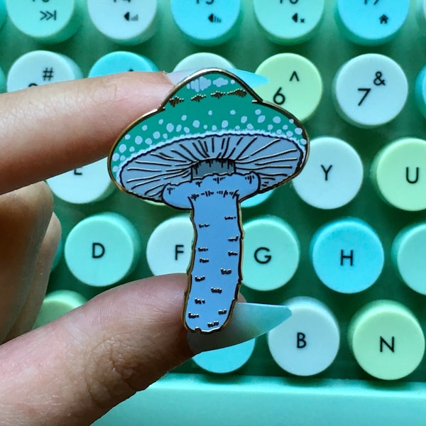 mushroom enamel pin: B-GRADE seconds verdigris agaric blue mushroom hard enamel lapel pin