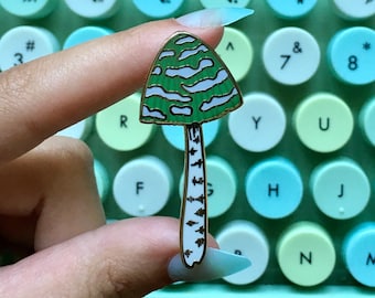 mushroom enamel pin: B-GRADE seconds magpie inkcap green mushroom hard enamel lapel pin