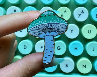 mushroom enamel pin: B-GRADE seconds verdigris agaric blue mushroom hard enamel lapel pin