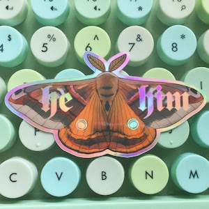 él/él pronombre pegatina: pegatina holográfica de vinilo de polilla emperador