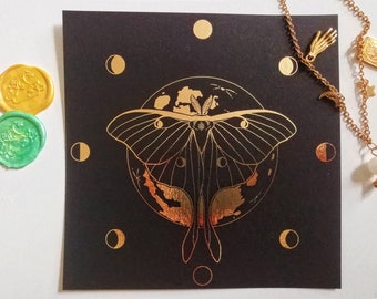 luna moth and moon gold foil print