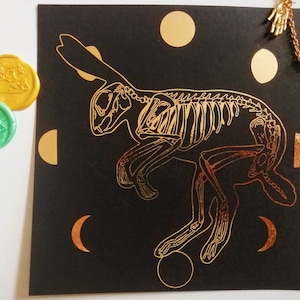 gold foil print: rabbit skeleton and moon