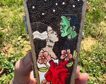 Frankenstein and Bride Coffin Trinket Box, Weird Decor, Gothic Ring Box, Classic Horror