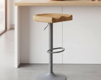 Wooden bar stool with height-adjustable and swivel metal base - Handcrafted from oak - Comfortable seat for the kitchen