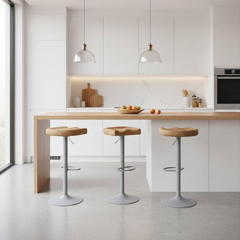 Solid oak bar stool with metal swivel base in Scandinavian kitchen interior, handmade in Germany