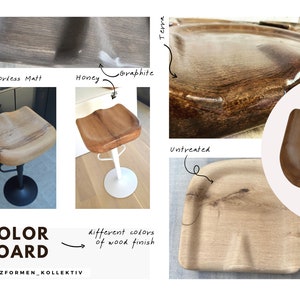 K&ouml;nnte beinhalten: Farbtafel, die verschiedene Holzbehandlungen an einem Barhocker zeigt. Die Oberfl&auml;chen umfassen: Unbehandelt, Terra, Bernstein, Graphit, Honig und Farblose Matt. Der Text "COLOR BOARD" und "HOLZFORMEN_KOLLEKTIV" ist ebenfalls sichtbar.