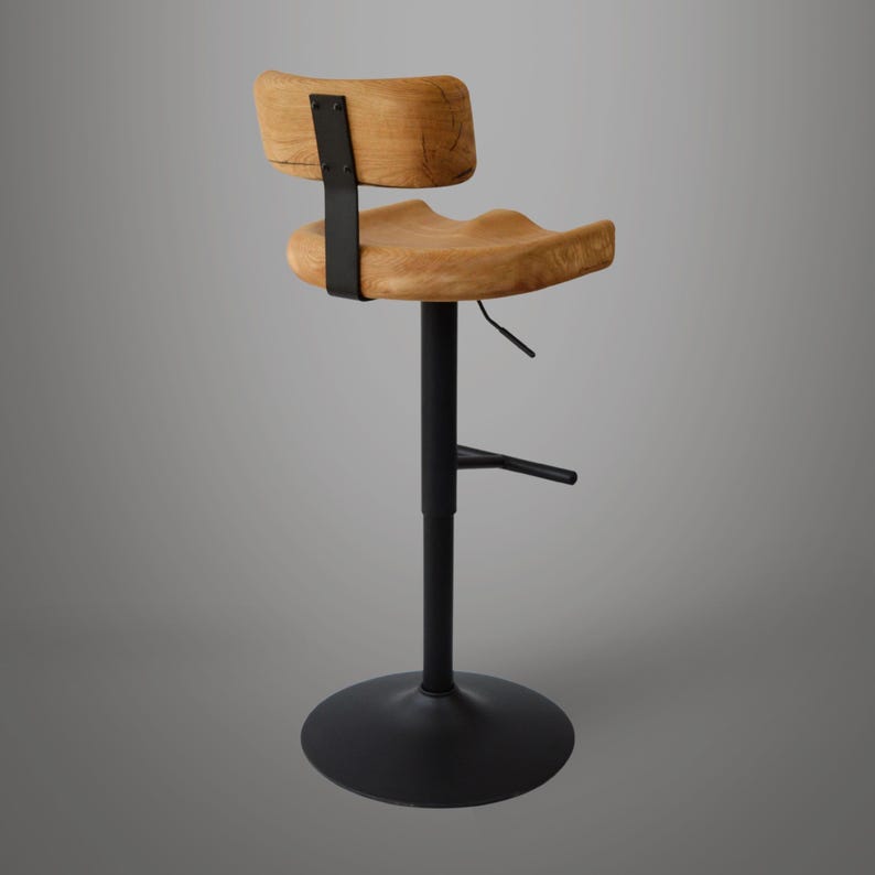Barhocker aus Holz mit Rückenlehne, höhenverstellbar und drehbar in schwarz, Rückansicht