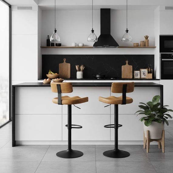 Barhocker aus Holz für die Küche, rustikal aus Eichenholz, Sitzhöhe höhenverstellbar auf 70cm, Metallfuß in schwarz, industriel und modern