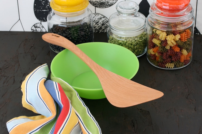 Wok spatula with a long handle available for chefs and cooks that are left or right handed Cherry wood cooking tool.