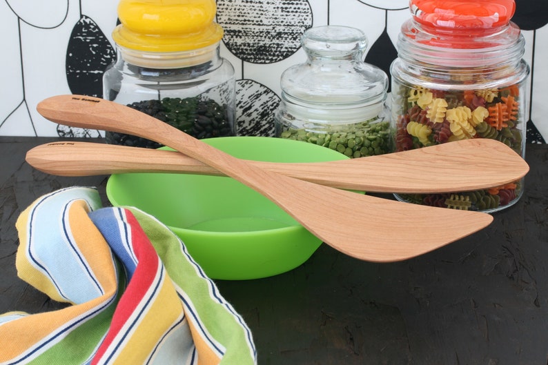 Wok spatula with a long handle available for chefs and cooks that are left or right handed Cherry wood cooking tool.