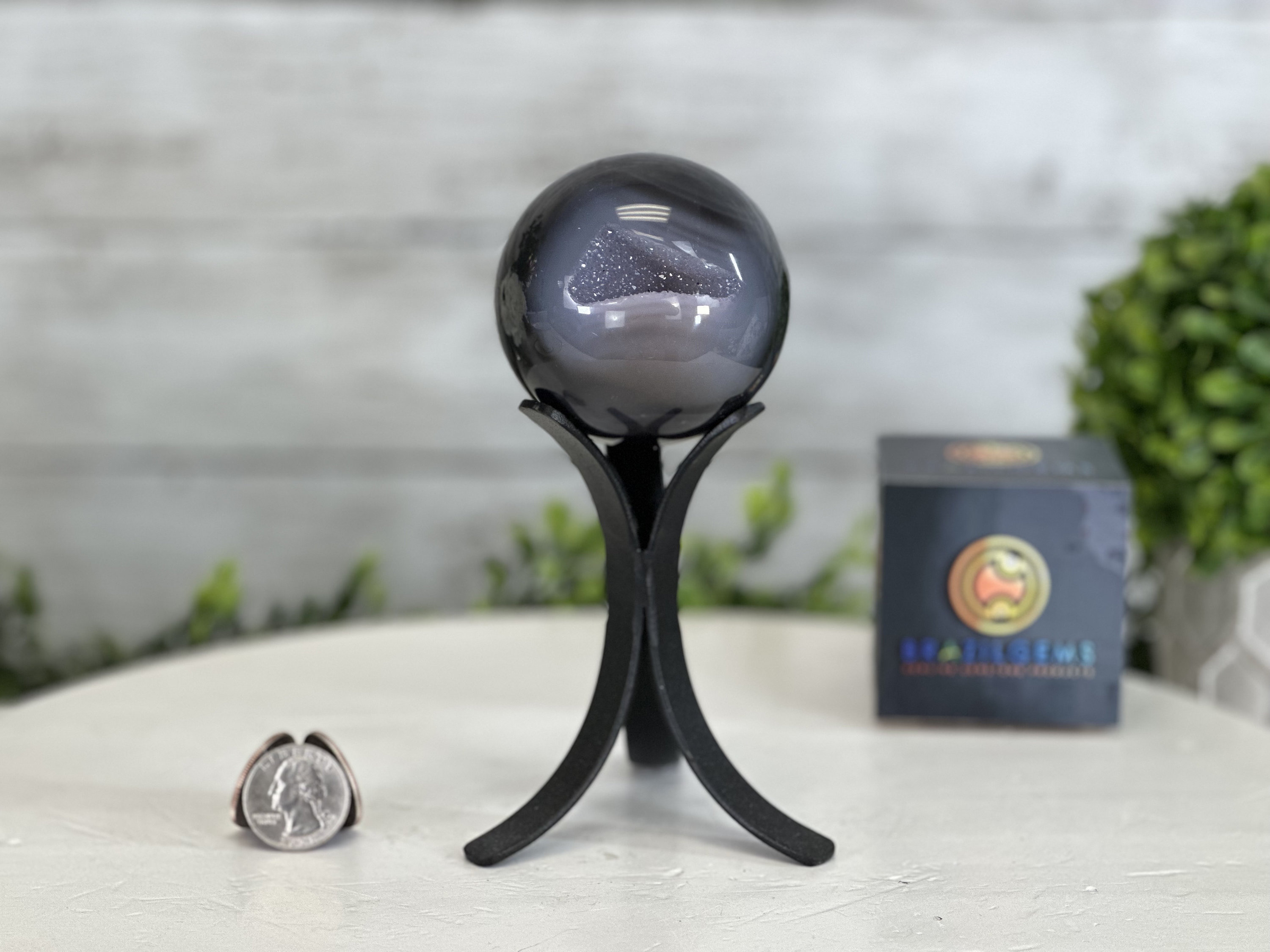 SXQWEPGOM Black Agate Crystal Ball Ornaments with Wooden Stand, Fe
