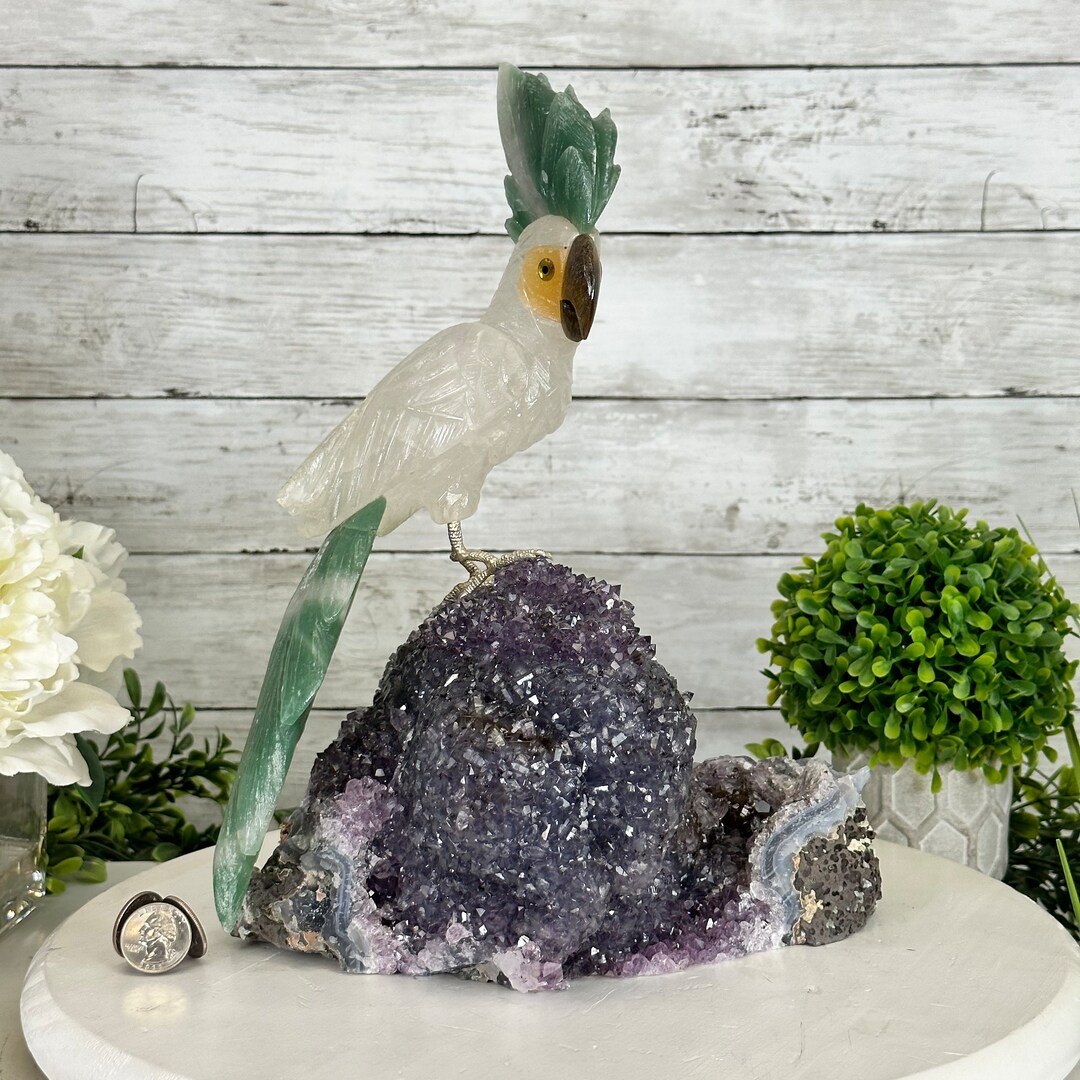 Clear Quartz Crystal Cockatoo Figurine Bird on an Amethyst Etsy