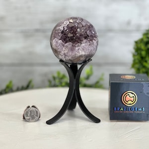 Druzy Amethyst Sphere on a Metal Stand, 1.3 lbs & 6.8&quot; Tall #5630-0041 by Brazil Gems®