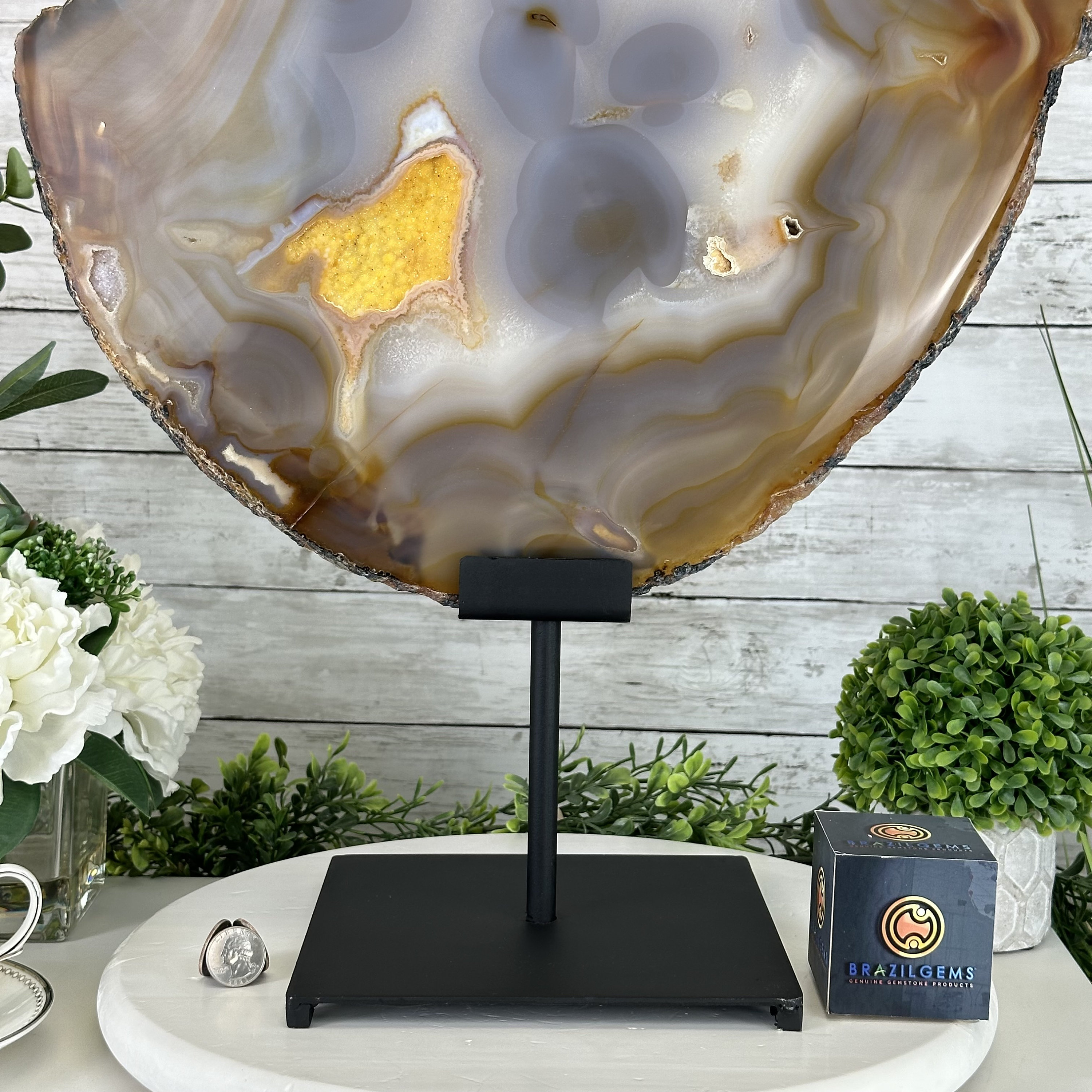 Special Large Natural Brazilian Agate Slice on a Metal Stand, 28.5